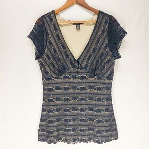 INC International Concepts Blouse Dark Blue w/ Lace Sz L